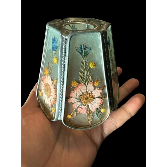 Pressed Flowers In Glass Tea Light Holder Vintage Votive Candle Boho Lot Of 3 - Picture 15 of 16